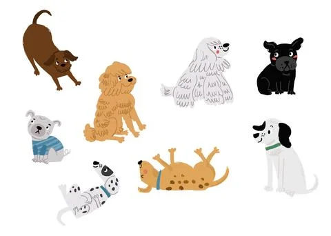 Cute vector set of cartoon dog characters on white. Cute dogs breeds set Stock Illustration