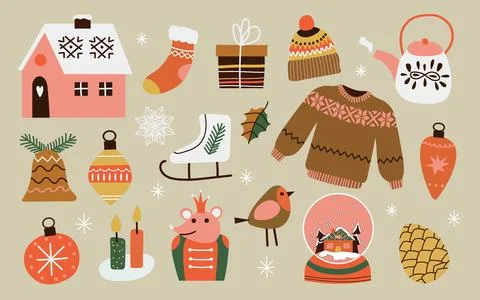 Cute vector set with Christmas illustrations. Gifts, house, Christmas tree,.. Stock Illustration