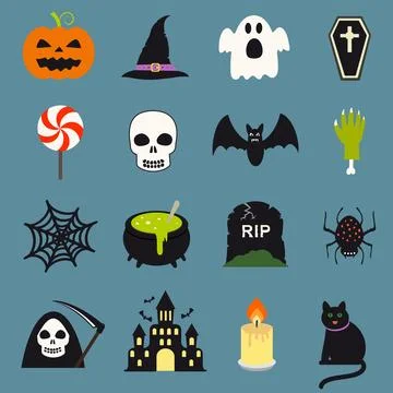 Cute vector set with Halloween elements: pumpkin, hat, ghost, coffin, candy.. Stock Illustration