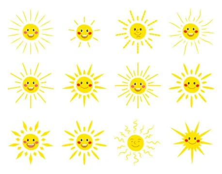Cute vector set of SUN icons. Funny happy smiley suns. Happy doodles for your Stock Illustration