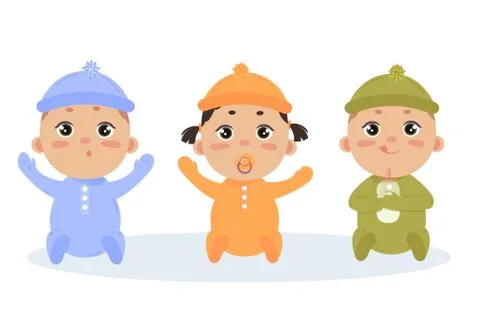Cute vector set of triplets babies. Baby girl, boy Stock Illustration
