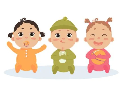Cute vector set of triplets babies. Baby girl, boy Stock Illustration