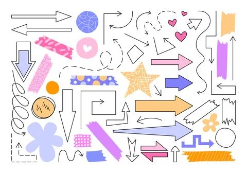 Cute vector set of various arrows, stickers and symbols. Stock Illustration