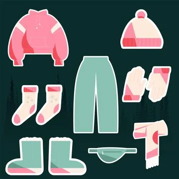 Cute vector set with warm winter clothes in pink Stock Illustration