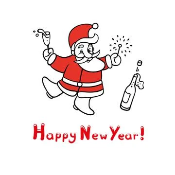 Cute vector sketch illustration of funny Santa Claus dancing celebrate new year Stock Illustration