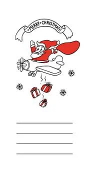 Cute vector sketch illustration funny Santa Claus flies on airplane and throws Stock Illustration