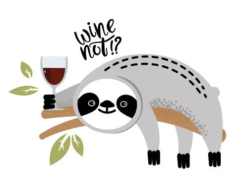 Cute vector sloth bear animal with a glass of wine Stock Illustration