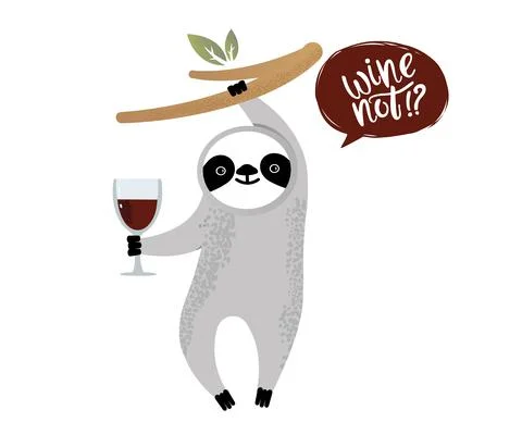 Cute vector sloth bear animal with a glass of wine Stock Illustration