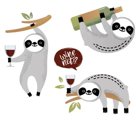 Cute vector sloth bear set with a glass of wine Stock Illustration