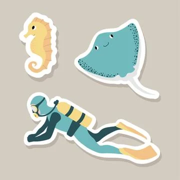 Cute vector stickers set with diver, devilfish, seahorse.Underwater cartoon Stock Illustration