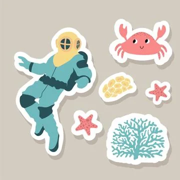 Cute vector stickers set with diver, crab, seaweed, coral, starfish.Underwater Stock Illustration
