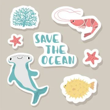 Cute vector stickers set with hammerhead fish,puffer fish,shrimp,seaweed Stock Illustration