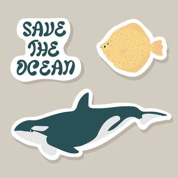 Cute vector stickers set with killer whale,flounder,lettering.Save the ocean Stock Illustration