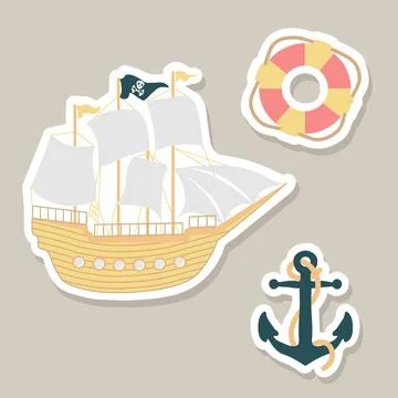 Cute vector stickers set with ship, lifebuoy, anchor.Underwater cartoon Stock Illustration