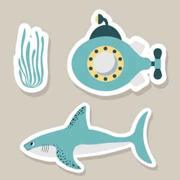 Cute vector stickers set with submarine, shark, algae.Underwater cartoon Stock-Illustration