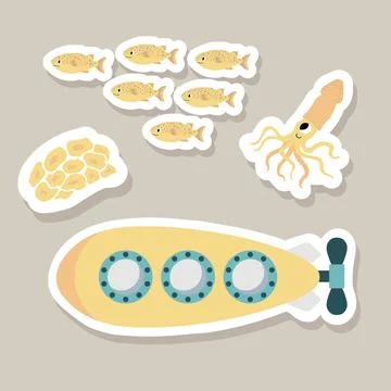 Cute vector stickers set with submarine, squid, fish, seaweed.Underwater cartoon Stock Illustration