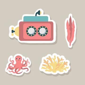 Cute vector stickers set with submarine, octopus, seaweed.Underwater cartoon Stock Illustration