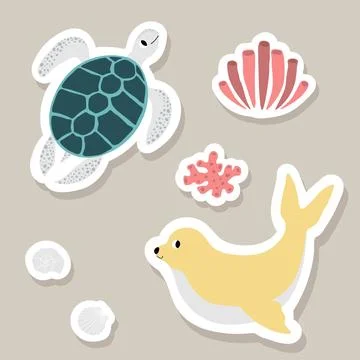 Cute vector stickers set with turtle, seal, algae, corals, shells.Underwater Stock Illustration