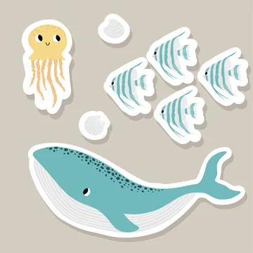 Cute vector stickers set with whale, jellyfish, shell, scalaria fish.Underwater Stock Illustration