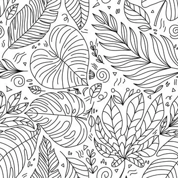 Cute vector summer hand drawn leaf seamless pattern. Print with leaves. Elegant 스톡 일러스트