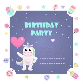 Cute vector unicorn with a balloon. Invitation for kids party. A set of gifts Stock Illustration