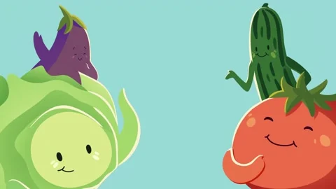 Cute vegetable characters animation with lettuce eggplant tomato and cucumb.. Vídeo Stock 339047073