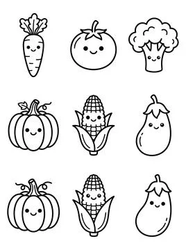 Cute vegetable icon set featuring carrot tomato broccoli pumpkin corn eggplant Ilustración de archivo