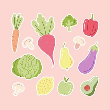 Cute vegetable sticker set with hand drawn doodle icons on pink background for Ilustración de archivo
