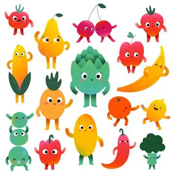 Cute vegetables and fruit characters with face expressions, kawaii cartoon Stock Illustration