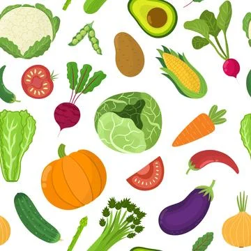 Cute vegetables seamless pattern. Food ingredient background with cabbage Stock Illustration