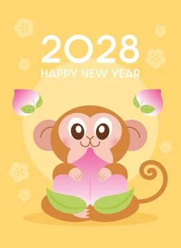 Cute vertical greetings card template for New Year of the Monkey 2028 Stock Illustration