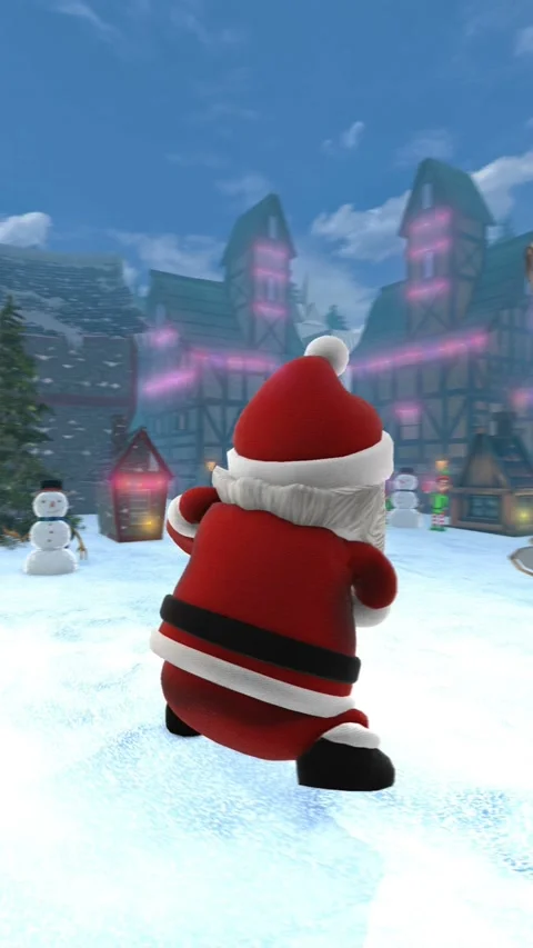 Cute vertical video of santa dancing salsa in a Christmas village with elves and Stock Footage 320266869