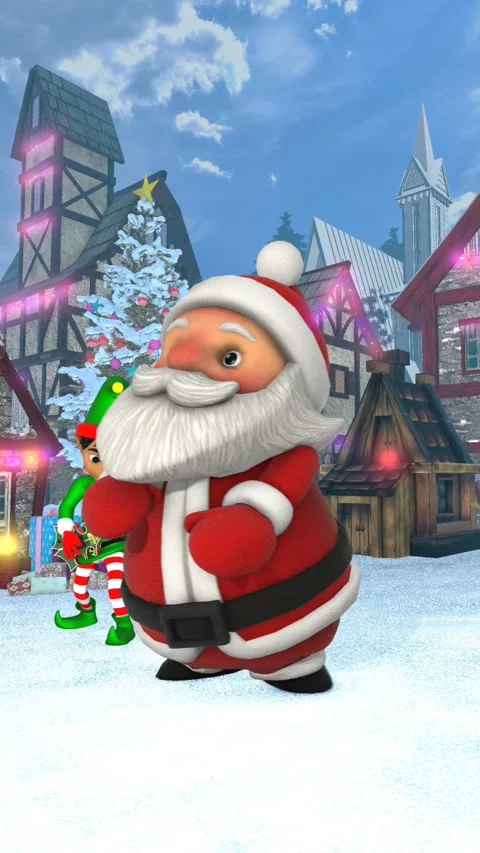 Cute vertical video of santa dancing hip hop in a Christmas village with elves Video stock 320708180