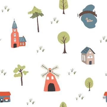 Cute village landscape Seamless Pattern, Cartoon country background, vector.. Stock Illustration