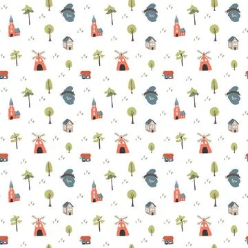 Cute village landscape Seamless Pattern, Cartoon country background, vector.. 스톡 일러스트