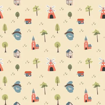 Cute village landscape Seamless Pattern, Cartoon country background, vector.. Illustrazione stock