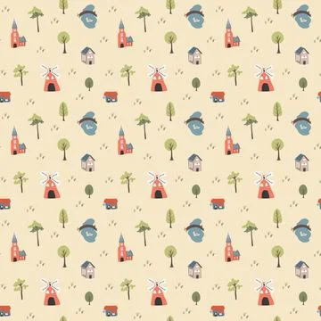 Cute village landscape Seamless Pattern, Cartoon country background, vector.. イラスト素材