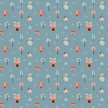 Cute village landscape Seamless Pattern, Cartoon country background, vector.. Stock Illustration