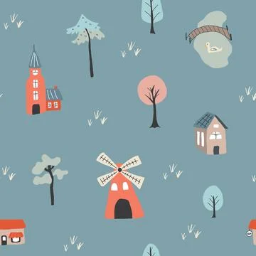 Cute village landscape Seamless Pattern, Cartoon country background, vector.. Illustrazione stock