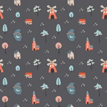 Cute village landscape Seamless Pattern, Cartoon country background, vector.. Illustrazione stock
