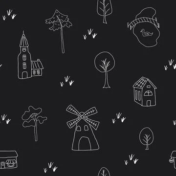 Cute village landscape Seamless Pattern, Cartoon country background, vector.. Illustrazione stock