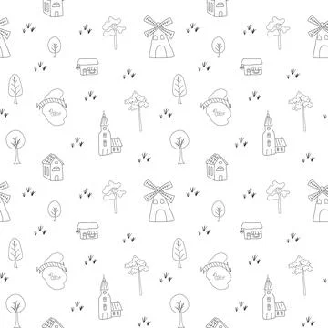 Cute village landscape Seamless Pattern, Cartoon country background, vector.. Illustrazione stock