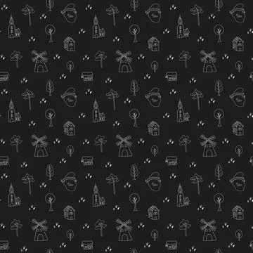 Cute village landscape Seamless Pattern, Cartoon country background, vector.. Illustrazione stock