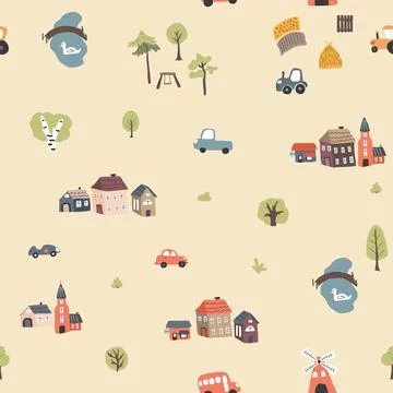 Cute village landscape Seamless Pattern, Cartoon country background, vector.. Illustrazione stock