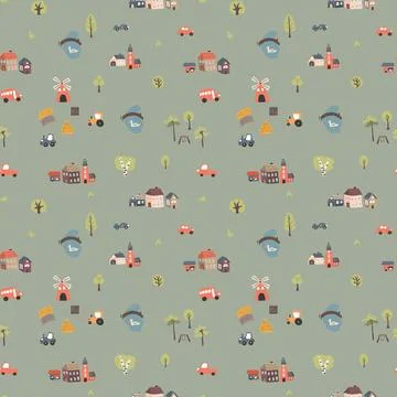 Cute village landscape Seamless Pattern, Cartoon country background, vector.. Illustrazione stock