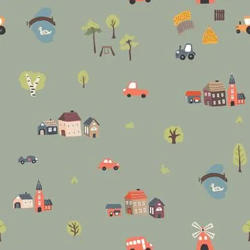 Cute village landscape Seamless Pattern, Cartoon country background, vector.. Stock Illustration