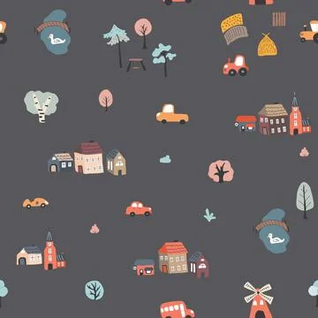 Cute village landscape Seamless Pattern, Cartoon country background, vector.. Illustrazione stock