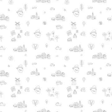 Cute village landscape Seamless Pattern, Cartoon country background, vector.. Stock Illustration