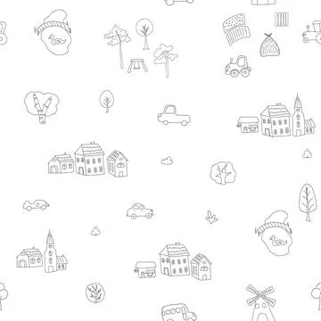 Cute village landscape Seamless Pattern, Cartoon country background, vector.. Stock Illustration