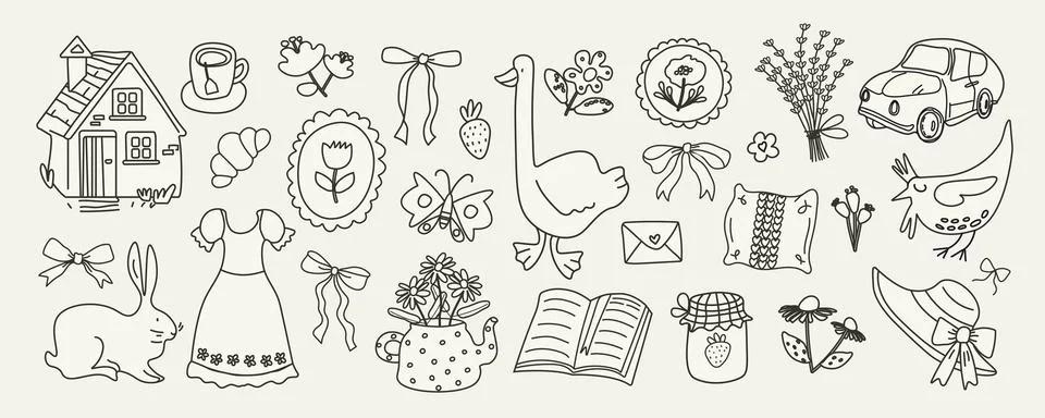 Cute vintage cottagecore elements in hand drawn sketch style. Line art of f.. Stock Illustration